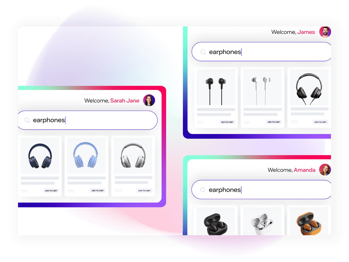 Personalized catalog view showing tailored product recommendations for 'earphones' based on user preferences and advanced segmentation.