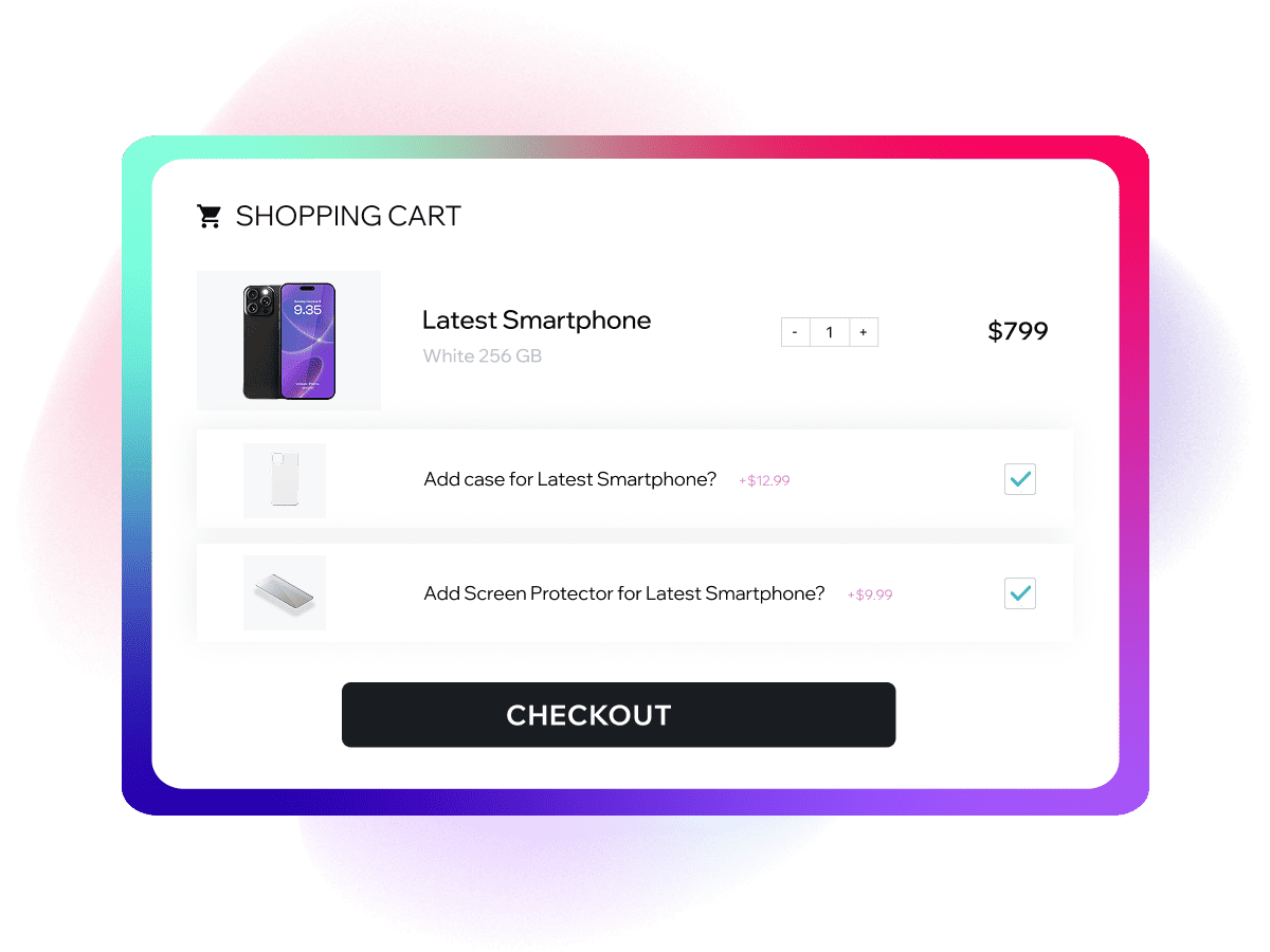 Shopping cart displaying a smartphone with dynamic upsell options for accessories like a case and screen protector, showcasing effortless merchandising and intuitive product bundling.